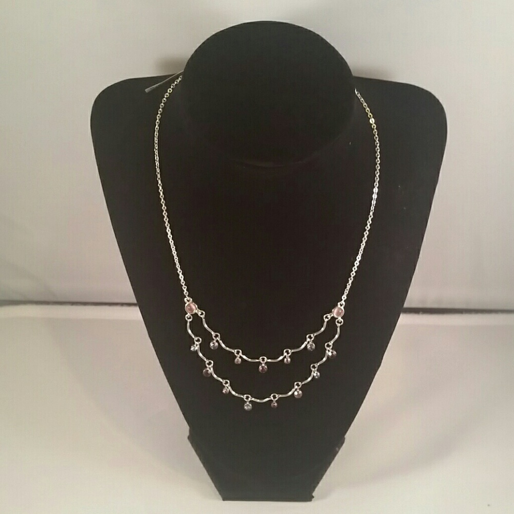 BRAND NEW SILVER NECKLACE /PINK & PURPLE CRYSTALS